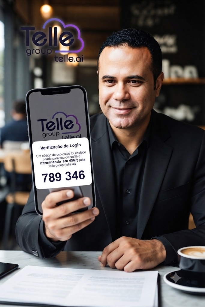 Executivo mostrando celular com código de verificação de login via SMS da Telle