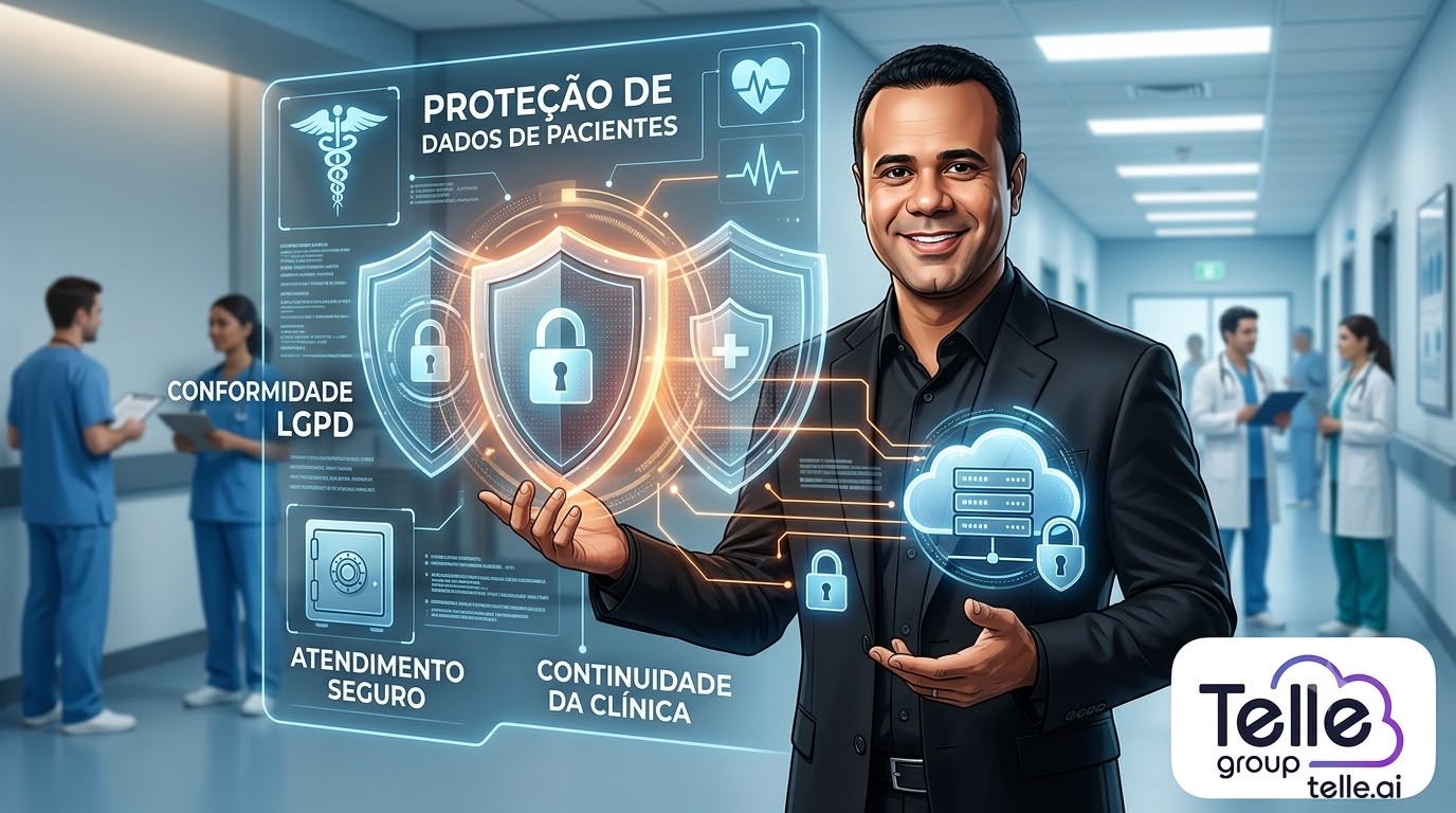 Ilustração sobre cibersegurança como pilar estratégico para proteger clínicas na era digital