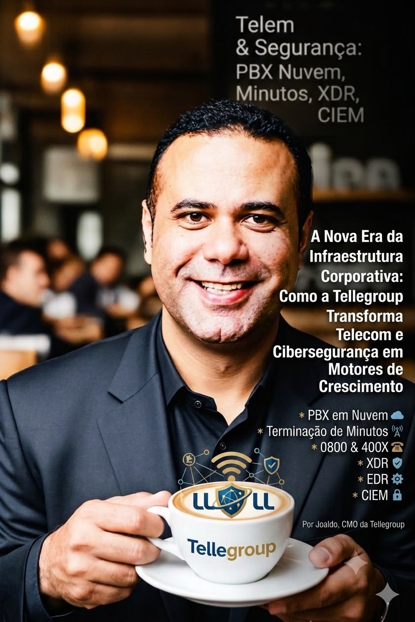 Ilustração sobre infraestrutura corporativa, telecomunicações, cibersegurança e crescimento empresarial com a Tellegroup