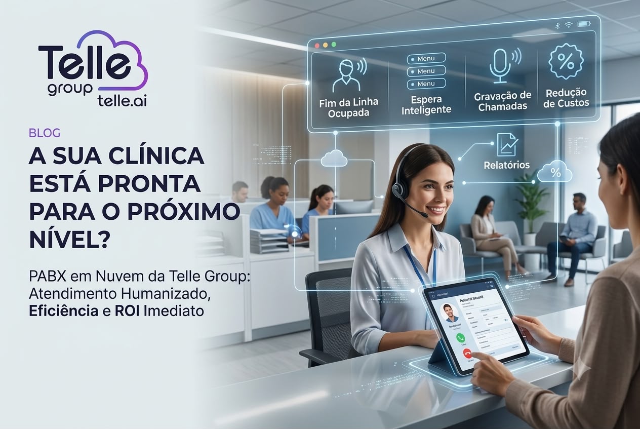 Ilustração sobre PABX em nuvem para clínicas, atendimento humanizado, eficiência e redução de custos
