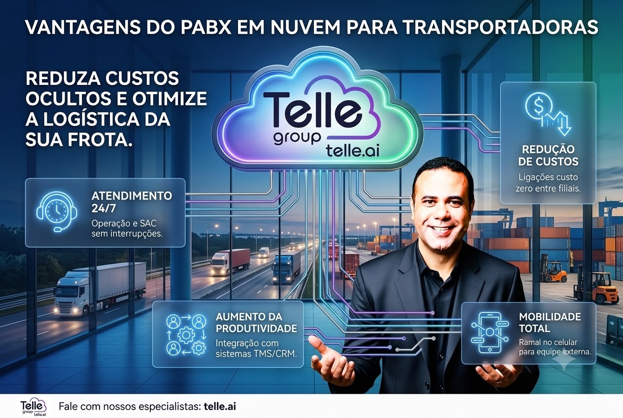 Ilustração sobre PABX em nuvem para transportadoras, comunicação logística, frota e rastreamento de cargas