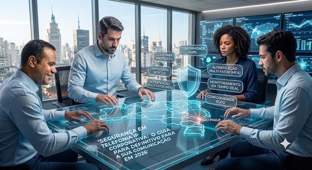 Ilustração sobre segurança em telefonia IP corporativa, proteção de comunicação VoIP e cibersegurança em 2026