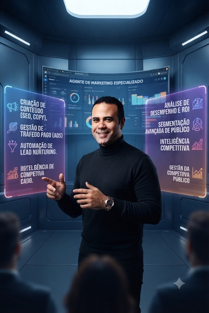 Especialista apresentando agente de marketing com IA para conteúdo, tráfego pago, lead nurturing, ROI e segmentação