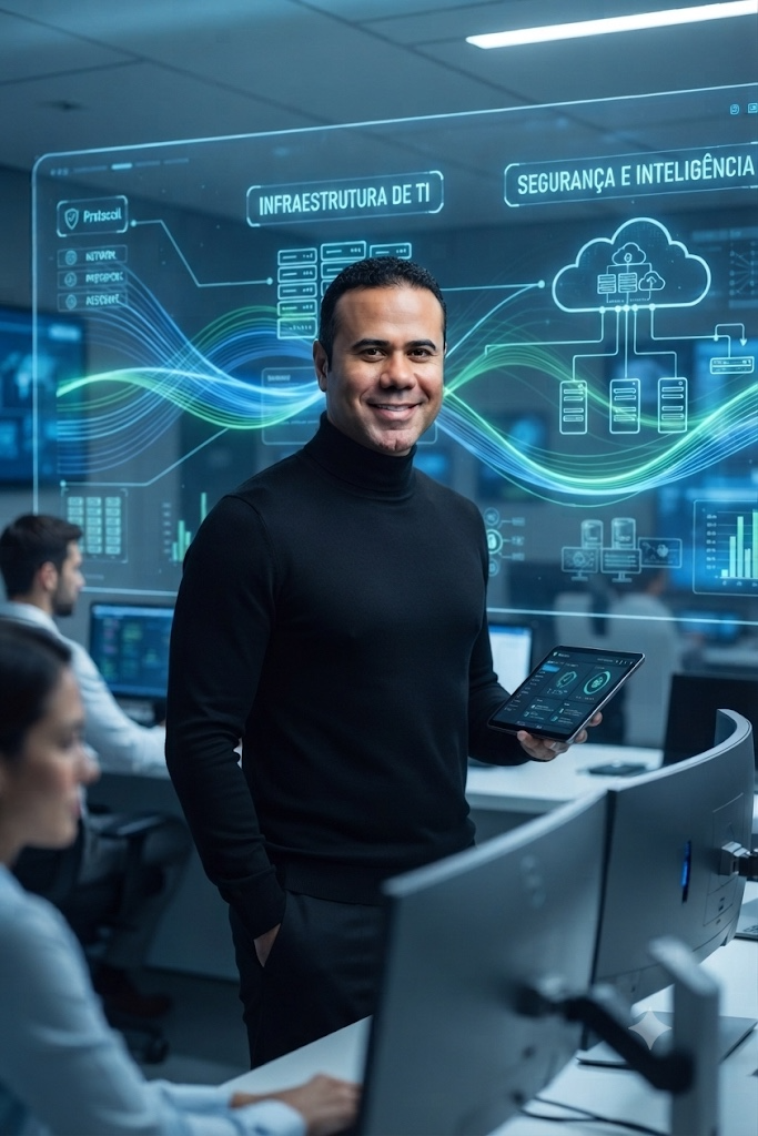 Especialista em tecnologia em ambiente corporativo com painéis de infraestrutura, inteligência e automação