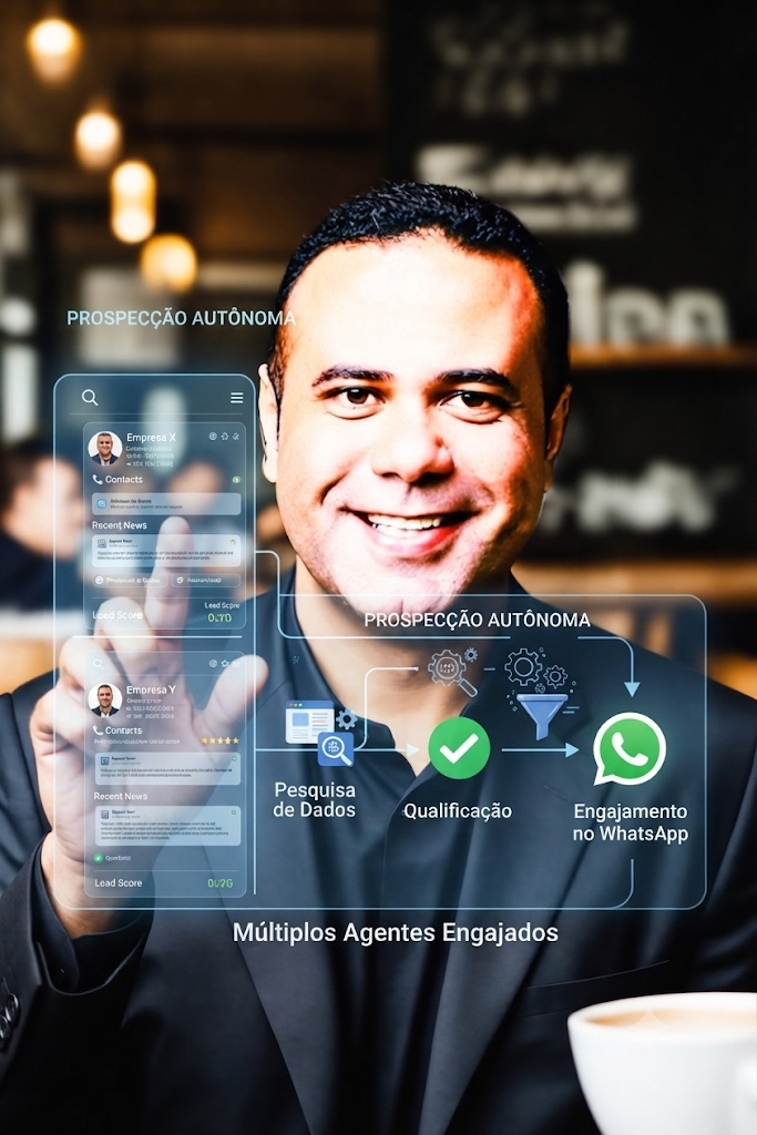 Executivo com painel de prospecção autônoma mostrando pesquisa de dados, qualificação e engajamento no WhatsApp
