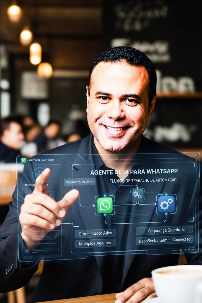 Executivo interagindo com painel de agente de IA para WhatsApp, orquestrador ativo, múltiplos agentes e guardrails