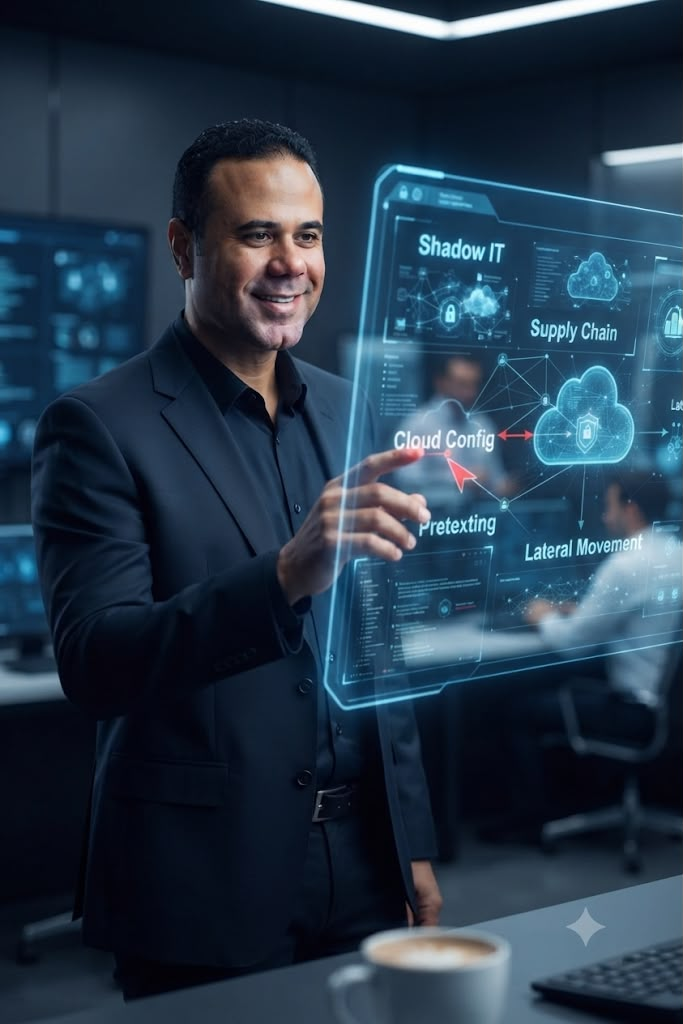 Especialista apontando painel com vetores de ataque como Shadow IT, supply chain, cloud config, pretexting e movimento lateral