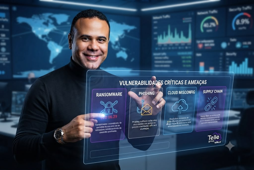 Especialista em cibersegurança diante de painel com ameaças como ransomware, phishing, cloud misconfiguration e supply chain