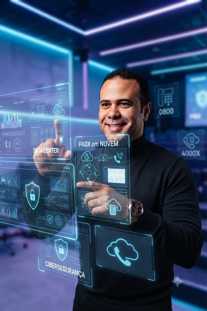 Especialista interagindo com painéis de Data Center, PABX em nuvem, 0800, 400X e cibersegurança