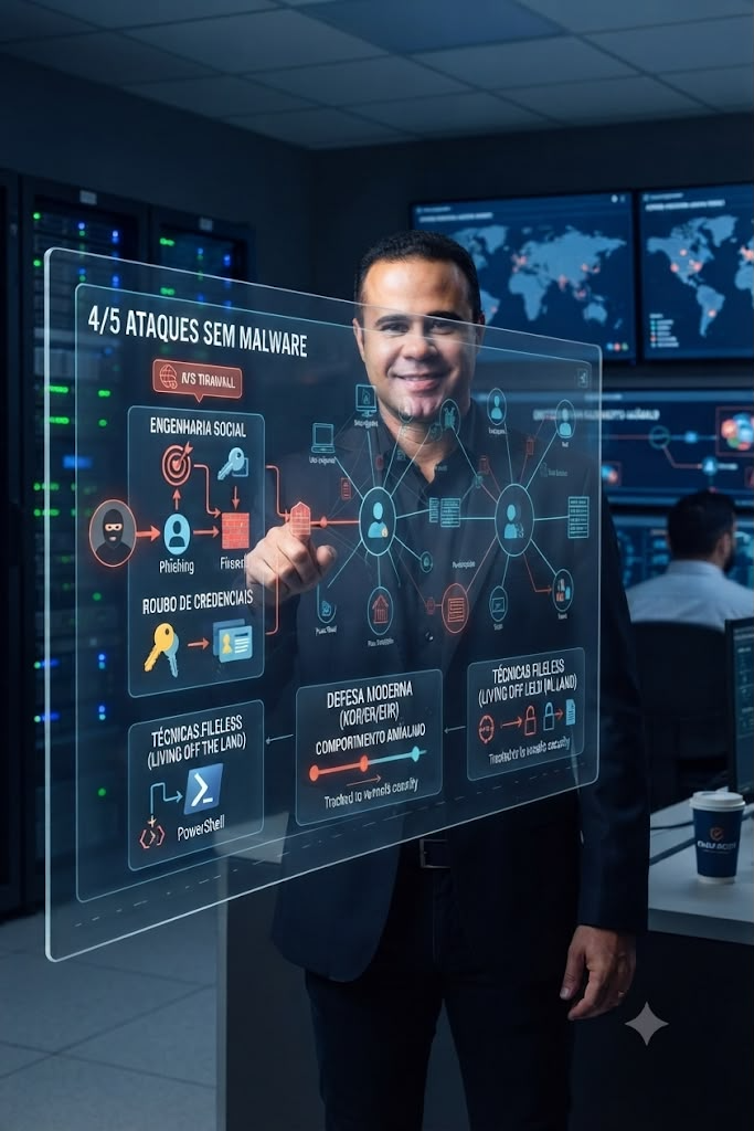 Especialista em cibersegurança diante de painel sobre ataques sem malware, roubo de credenciais e defesa moderna