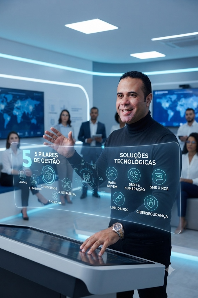 Gestor comercial apresentando painel com cinco pilares de gestão e soluções tecnológicas de comunicação