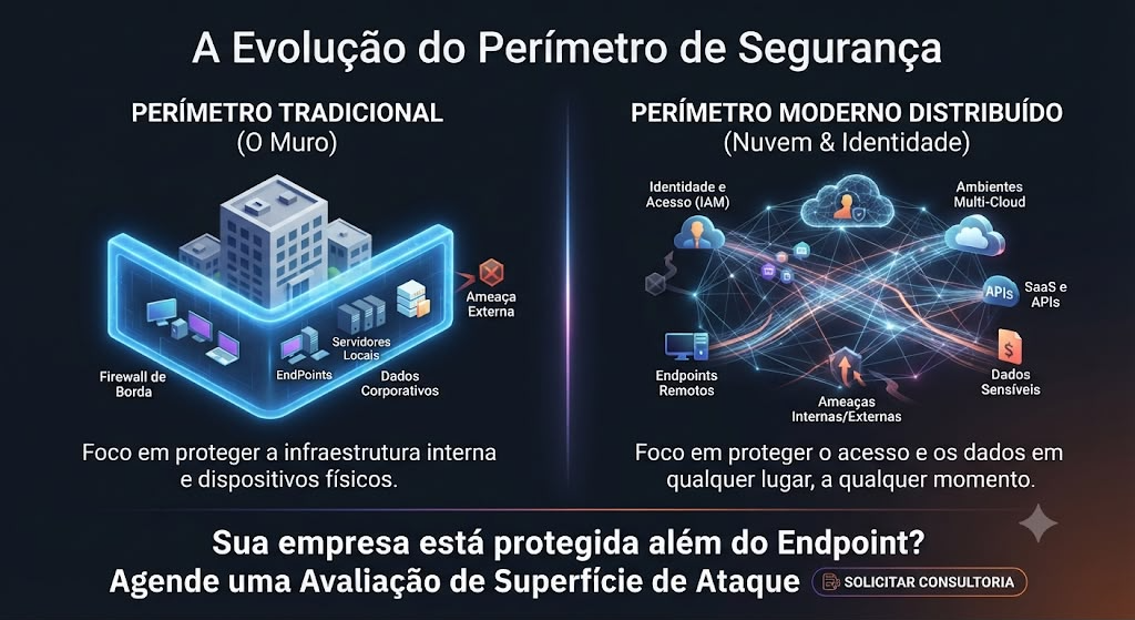 Infográfico comparando perímetro tradicional com perímetro moderno distribuído baseado em nuvem, identidade, APIs e endpoints remotos