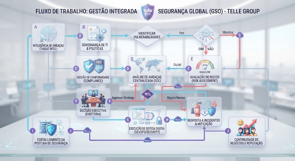 Fluxo de trabalho de seguranca global com governanca, threat intelligence, compliance e resposta a incidentes