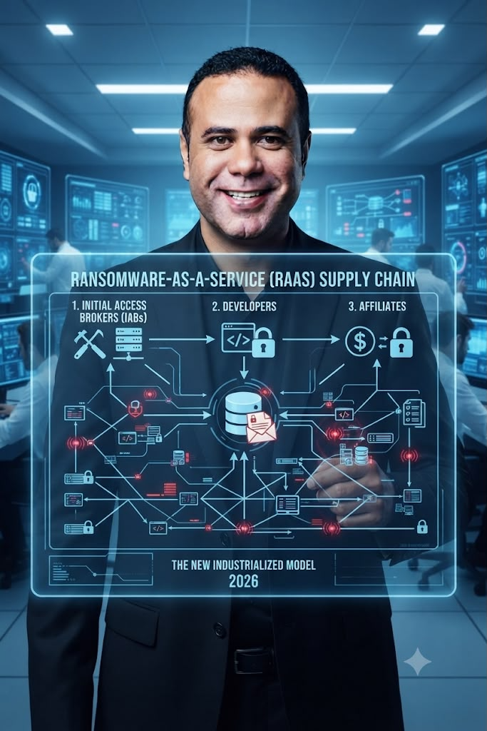 Especialista em cibersegurança diante de painel sobre a cadeia de suprimentos de Ransomware-as-a-Service em 2026