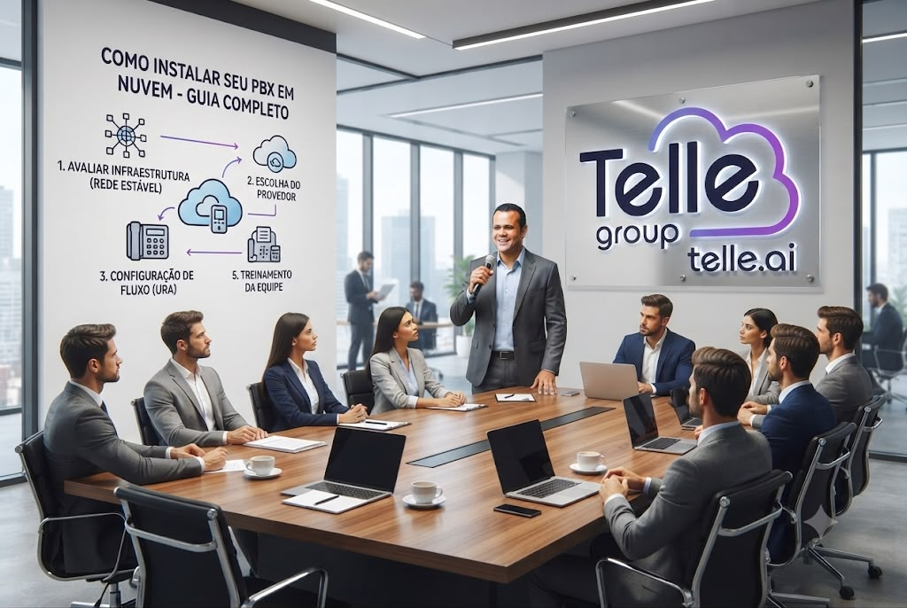 Apresentação da Tellegroup sobre implantação de PBX em nuvem e infraestrutura para telefonia moderna