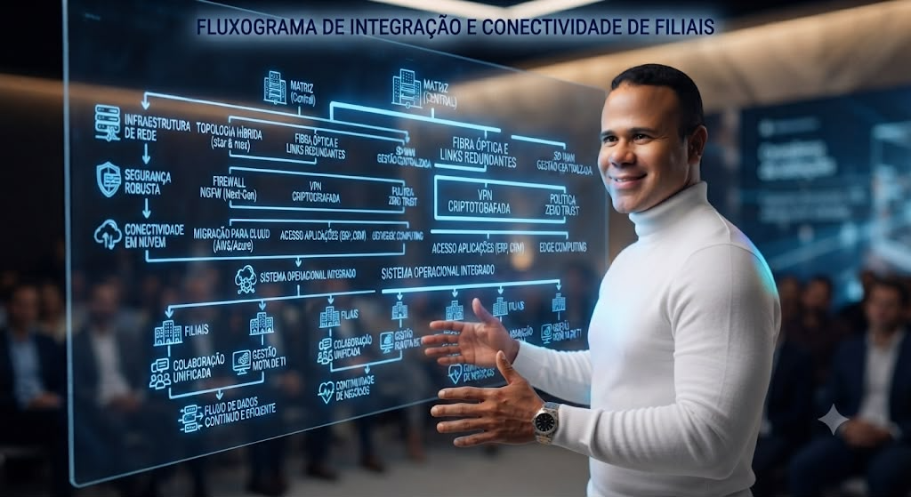 Joaldo Lima apresentando fluxograma de integracao e conectividade de filiais
