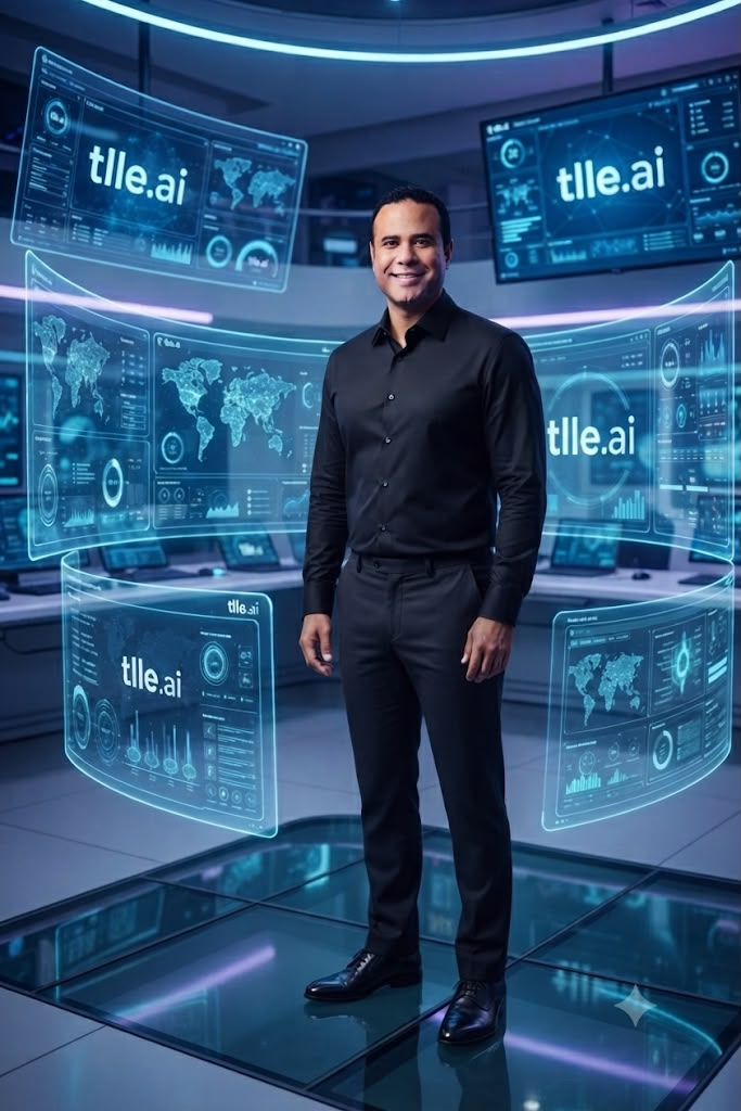 Especialista em telecom diante de painéis digitais de plataforma White Label e operação de telefonia em nuvem