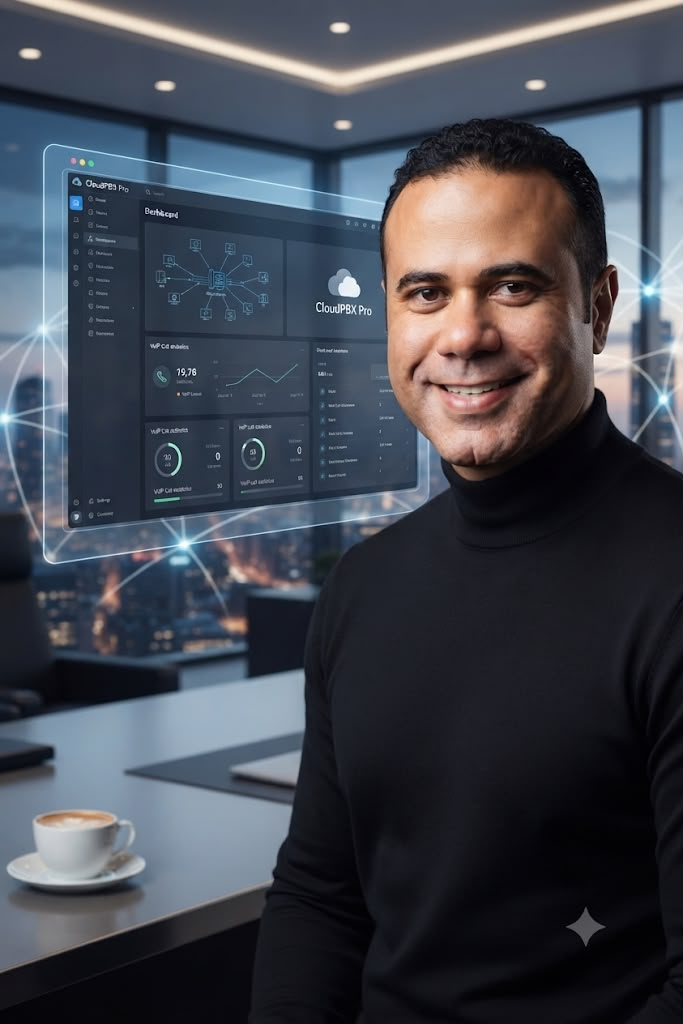 Especialista em telecom ao lado de painel de Cloud PBX Pro em ambiente corporativo