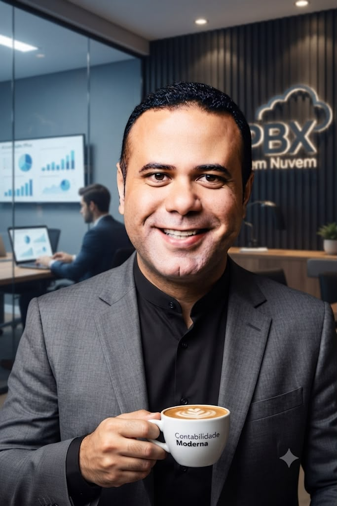 Joaldo Lima em escritório contábil moderno apresentando PBX em nuvem