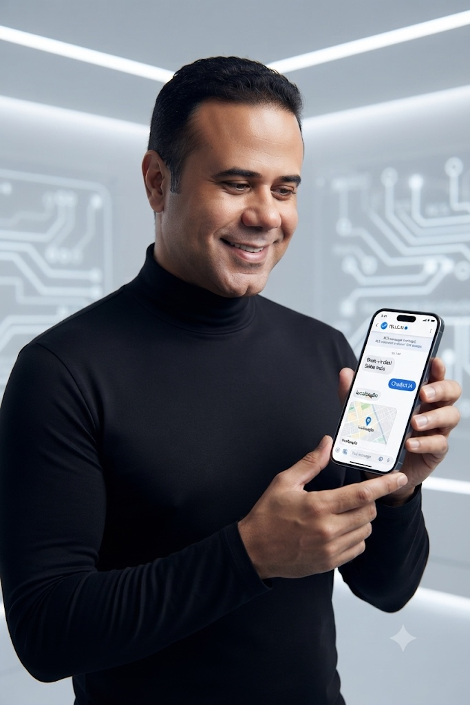 Executivo demonstrando mensagem RCS em smartphone com interface rica e elementos visuais interativos