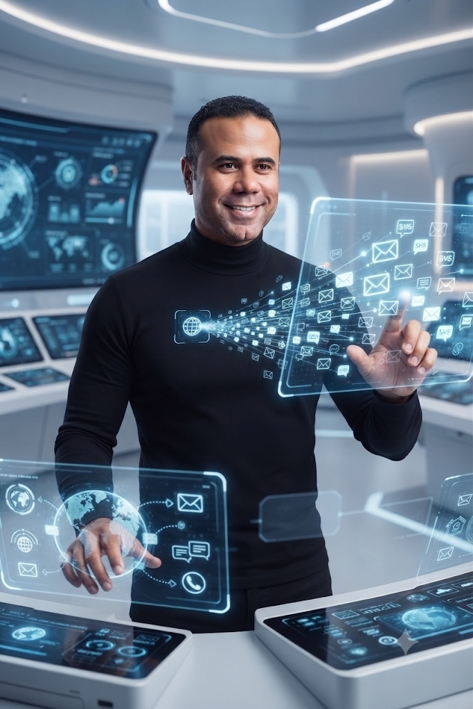 Especialista em comunicação digital interagindo com painéis de mensagens, SMS, RCS e canais móveis