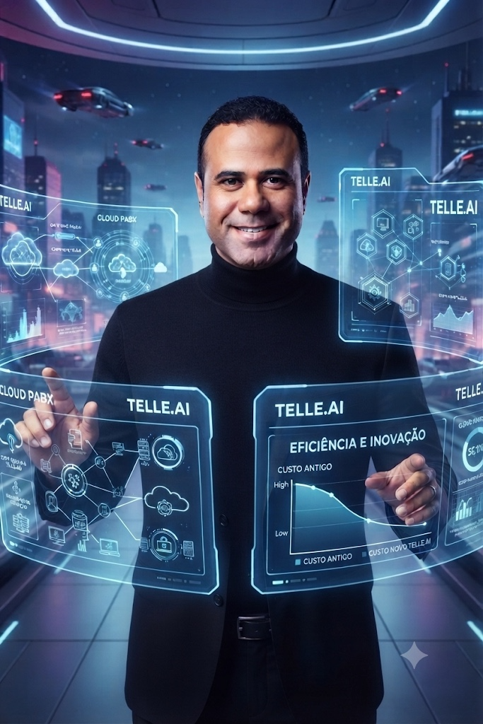 Executivo analisando painéis de Cloud PABX, eficiência e redução de custos de telefonia