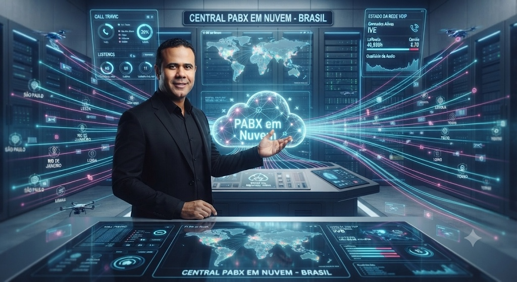 Especialista em infraestrutura de TI diante de painéis de rede, PABX em nuvem e tráfego corporativo