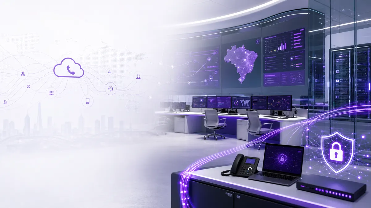 Rede de telefonia corporativa com rotas digitais e painéis de monitoramento