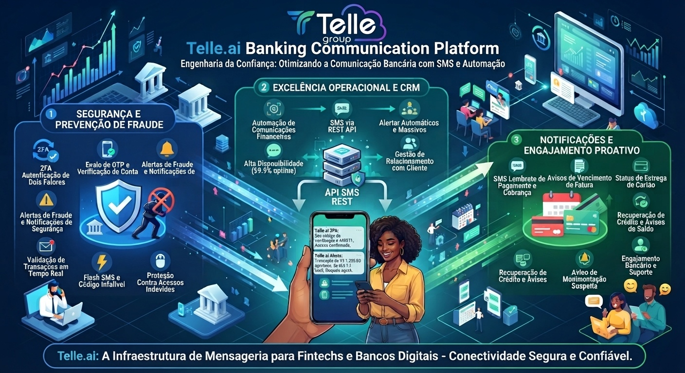 Infográfico sobre plataforma de comunicação bancária com SMS, API, segurança, CRM, notificações e automação para fintechs