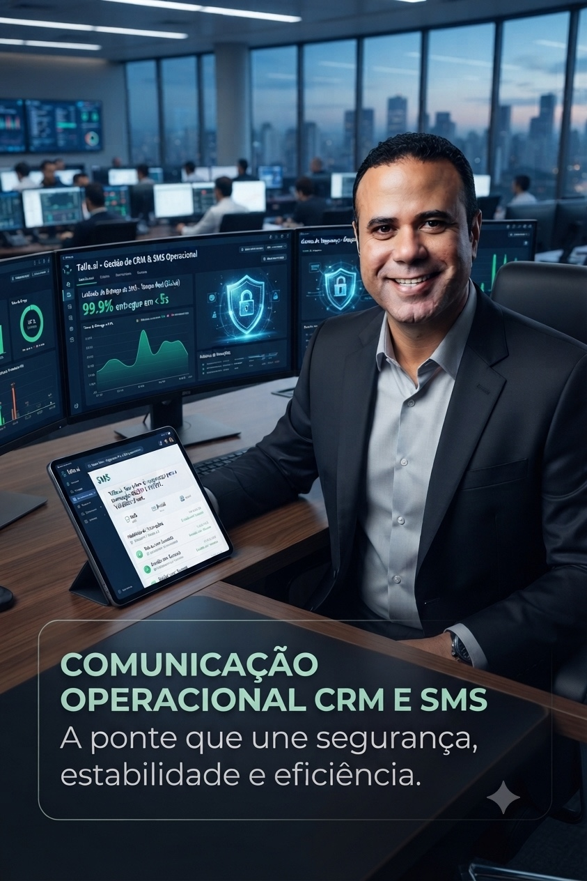 Executivo em central financeira com painéis de CRM, segurança e SMS operacional