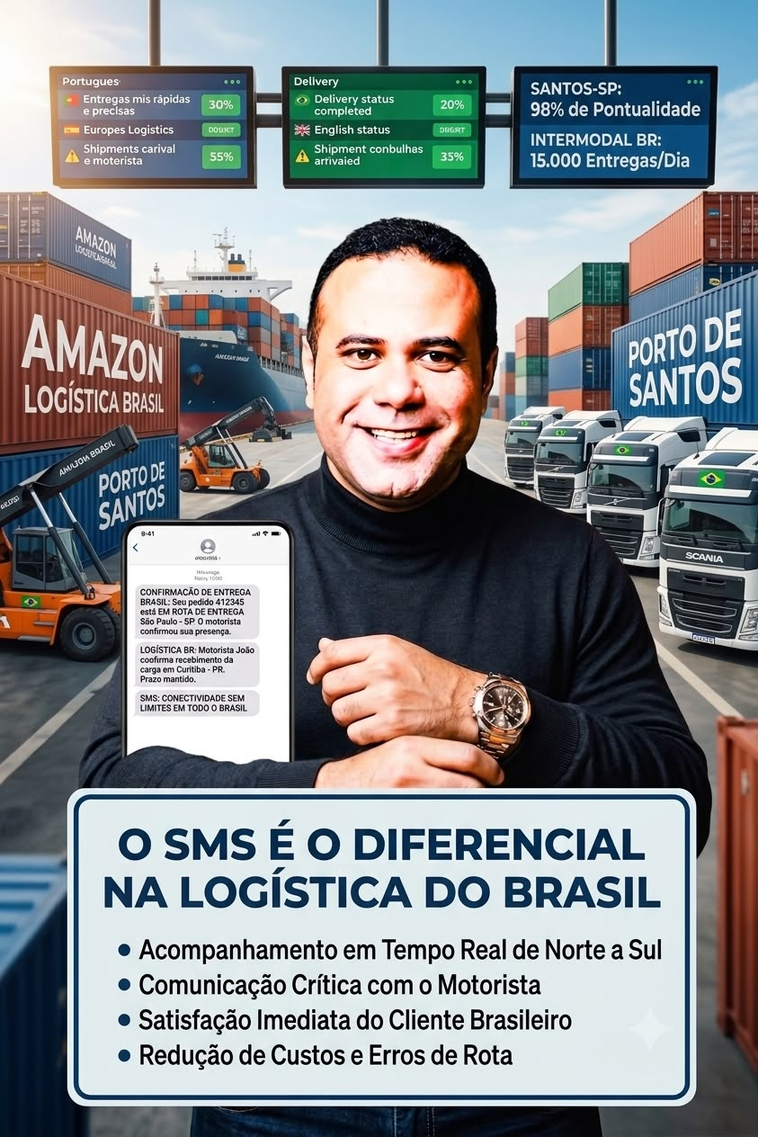 Arte sobre SMS como diferencial na logística brasileira, com porto, caminhões e comunicação operacional