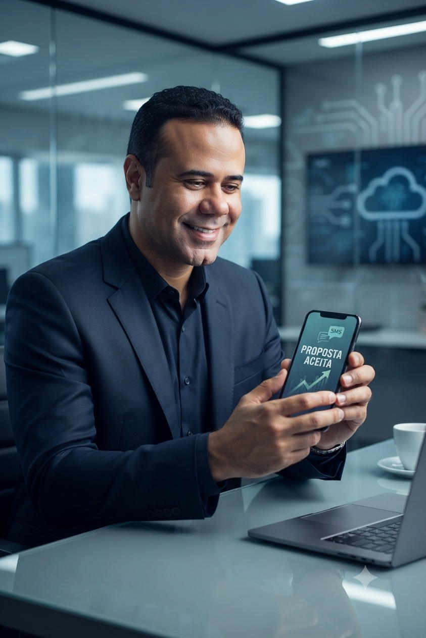 Executivo segurando celular com mensagem SMS de proposta aceita em ambiente corporativo