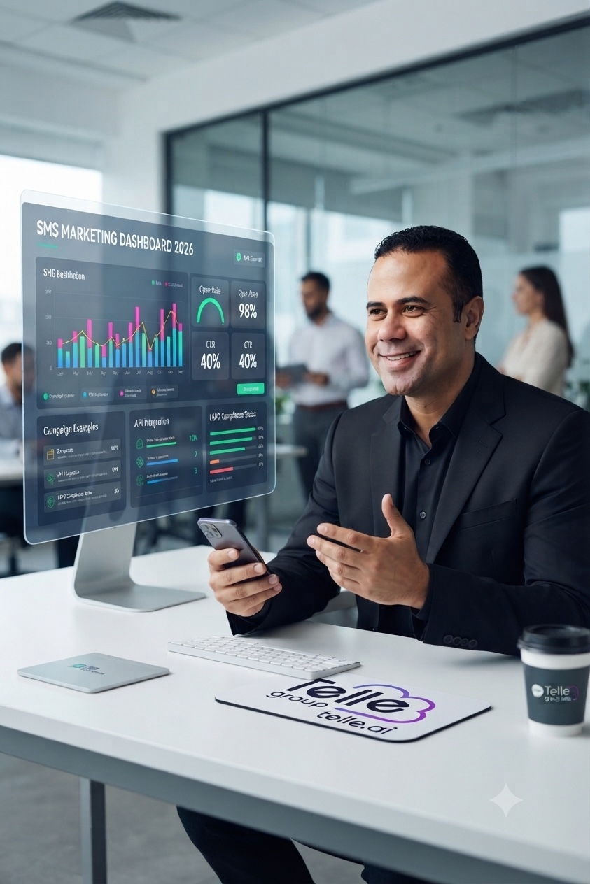 Executivo analisando dashboard de SMS Marketing 2026 com métricas de campanhas, API, entrega e automação