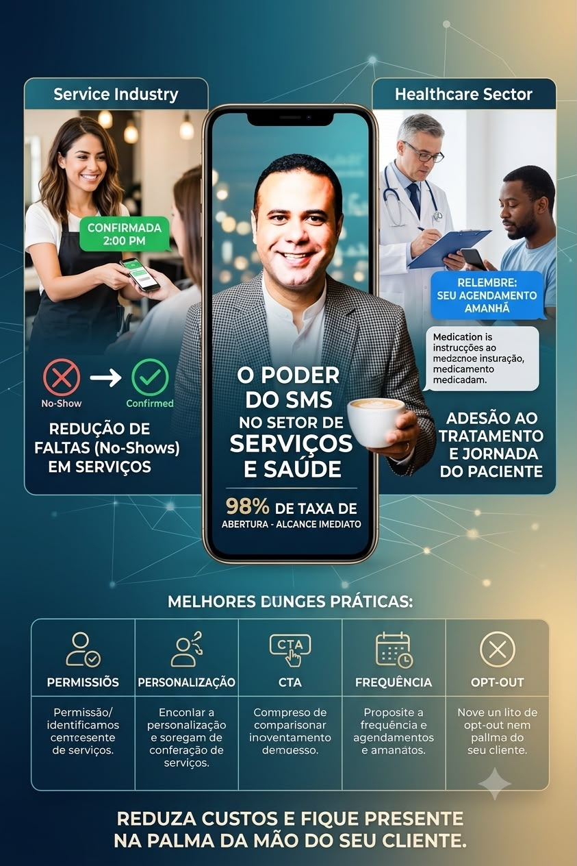 Arte sobre o poder do SMS nos setores de serviços e saúde, redução de no-show e boas práticas